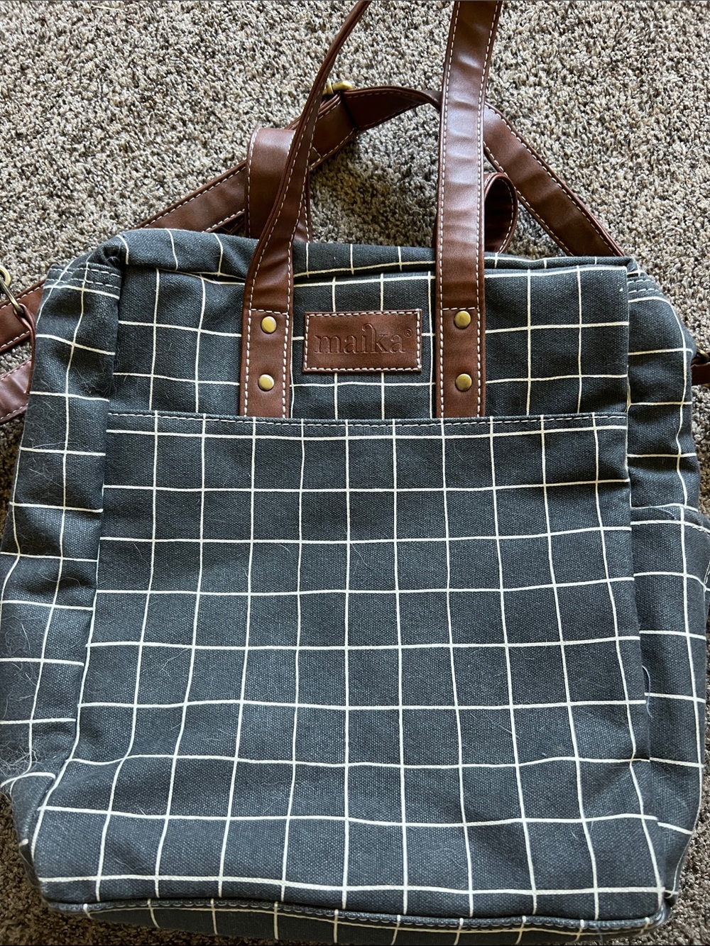 Maika Black Grid Messenger Bag with Brown Trim